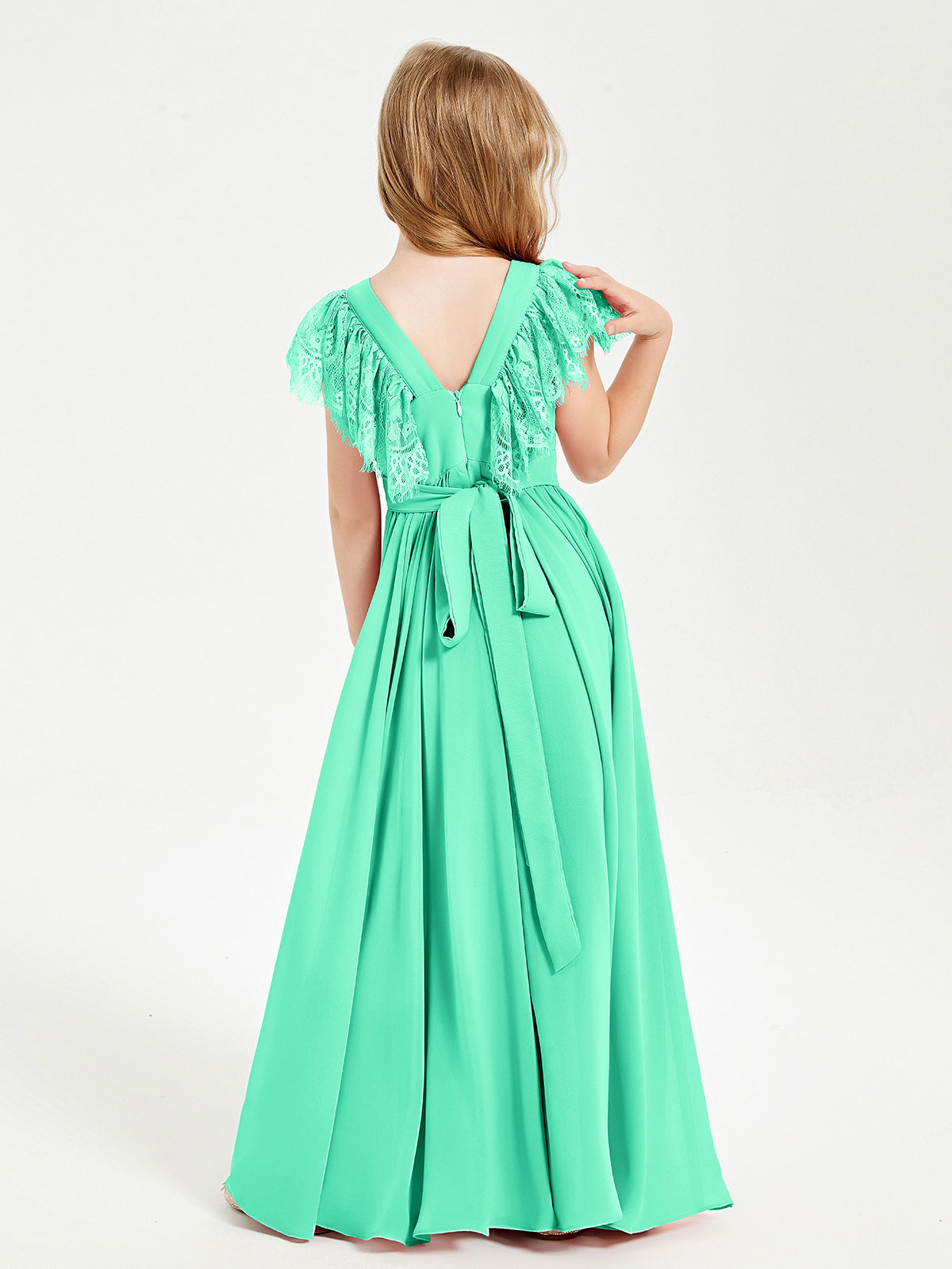 Chiffon Junior Bridesmaid Dresses with Lace Flutter Sleeves Turquoise